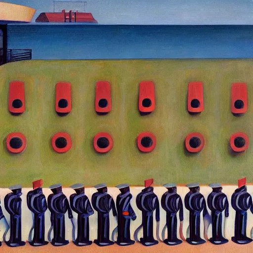 Prompt: robots queue up for water slide, grant wood, pj crook, edward hopper, oil on canvas