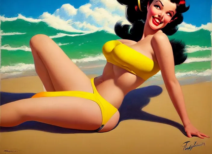 Image similar to the style of the artist gil elvgren, a girl with black hair, overwatch tracer, with a very beautiful symmetrical face, a smile on her face, tanned skin, in a yellow bikini, against the background of a sea beach, in art style, high detail, digital painting, hyperrealism