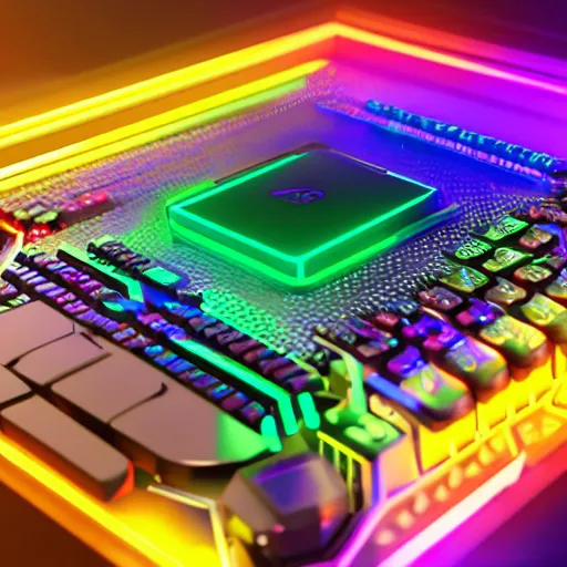 Image similar to gaming rgb computer from future, cyberpunk style, product photo, octane render, unreal render, ultra detail, no noise, isometric, full view