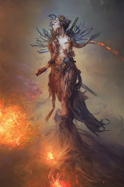 Image similar to beautiful girl druid, witch - doctor exploding into flowers, angels, 3 d render, hyper - realistic detailed portrait, holding fire and electricity, ruan jia, wlop. scifi, fantasy, magic the gathering, hyper detailed, octane render, concept art, peter mohrbacher