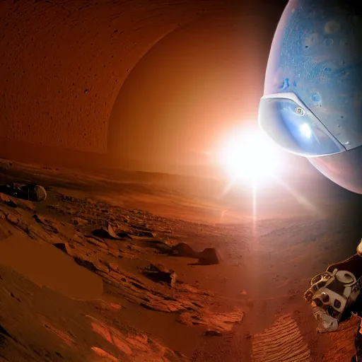 Prompt: extremely detailed photo of carl sagan looking through visor of spacesuit, mars rover in background, detailed face