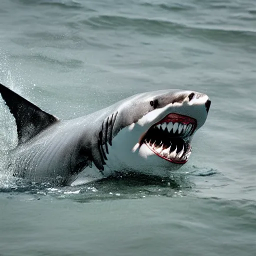 Prompt: Great white shark brushing its teeth