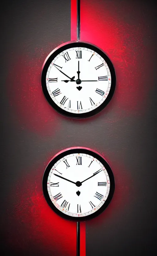 Image similar to a melting Roman numeral clock, behind a red and black gradient background, awith a black heart shaped on the top left corner and a black diamond card shape in the bottom right corner, dynamic lighting, photorealistic fantasy concept art, trending on art station, stunning visuals, cinematic, creative, ultra detailed