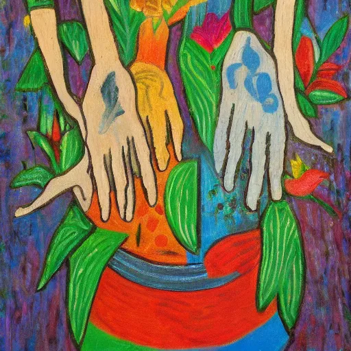 Prompt: a garden of hands outsider art tempera painting on vase