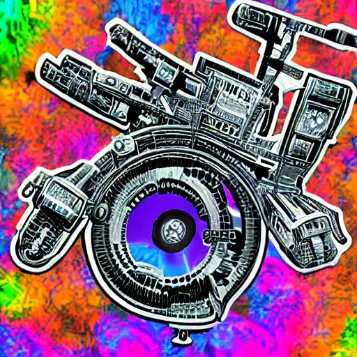 Prompt: sticker of a rock band, name is text tripmachine, on the sticker is a 3 d render of a huge futuristic steampunk generator with gears and music instruments, 8 k, fluorescent colors, halluzinogenic, multicolored, exaggerated detailed, silk screen art