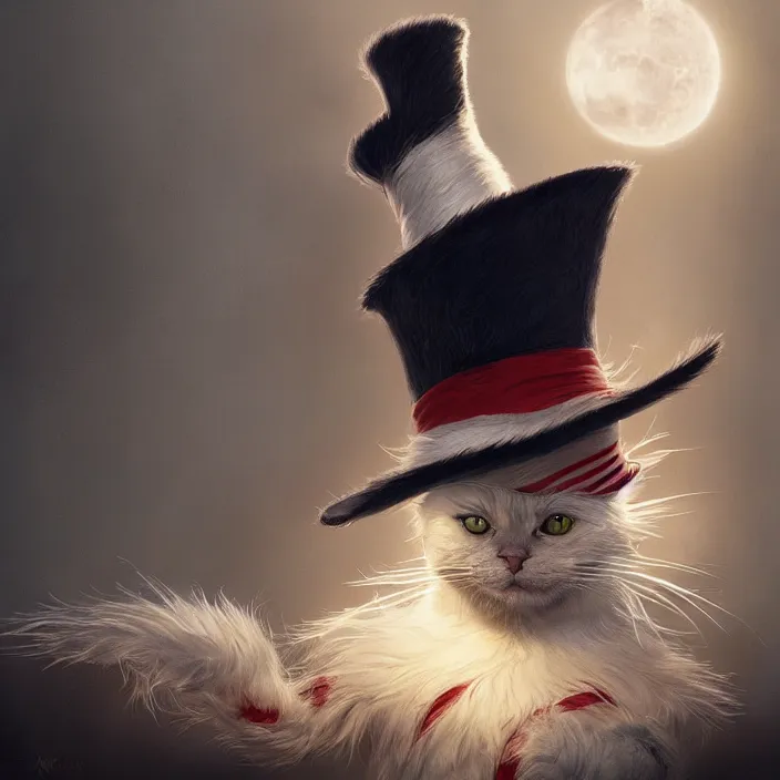 Prompt: complex 3 d render, hyper detailed, ultra sharp, of the cat in the hat, scary, cinematic, natural soft light, rim light, art by greg rutkowski and artgerm and moebius, dr seuss