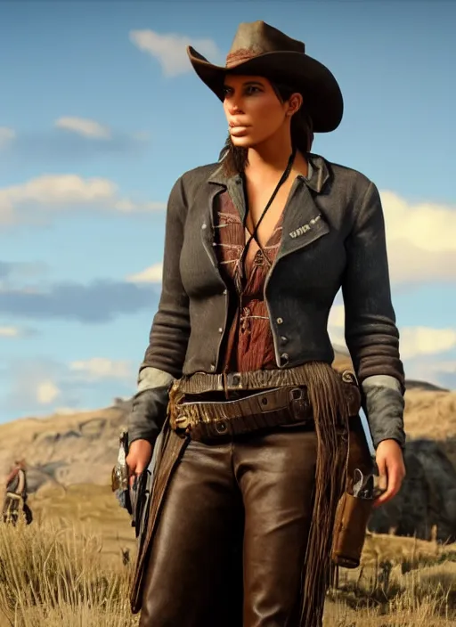 Image similar to film still of kim kardashian as Sadie Adler in rdr2.