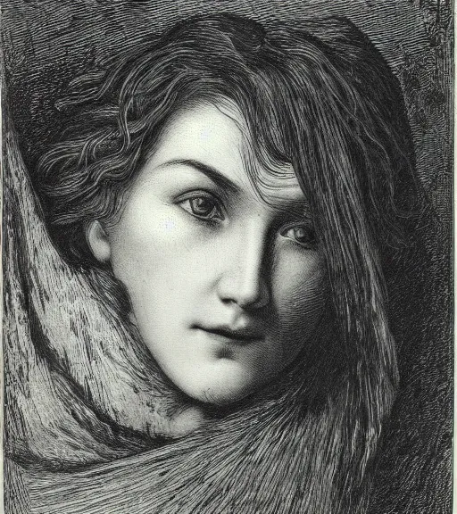 Image similar to black and white, portrait of a woman face in forest, extreme close-up, Gustave Dore lithography