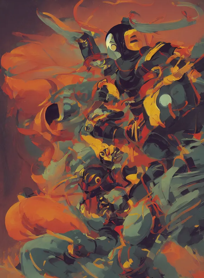 Prompt: orientalist painting of a ninja shaman, in the style of syd mead, jeremy cowart, concept art in the style of megaman x zero by greg rutkowski, by greg tocchini, by james gilleard, by joe fenton