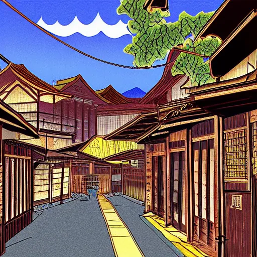 Image similar to street of american Western Town with Edo Period Japan design; digital art