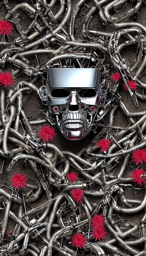 Image similar to destroyed terminator lying in a field of flowers, twisted metal, chrome, reflections, earth, terrible, anthropomorphic, photorealism, smoke, metal, 8 k, surreal, wires, smooth, sharp focus, top view, extremely detailed, ultra - realism, elegant, establishing shot, epic, by jeff koons, artgerm and greg rutkowski