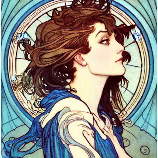 Prompt: in the style of artgerm, arthur rackham, alphonse mucha, phoebe tonkin, symmetrical eyes, symmetrical face, flowing blue skirt, hair blowing, intricate filagree, hidden hands, warm colors, cool offset colors