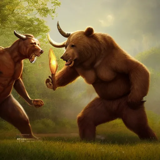 Image similar to anthropomorphic bear fighting an anthropomorphic bull, au naturel, hyper detailed, digital art, trending in artstation, cinematic lighting, studio quality, smooth render, unreal engine 5 rendered, octane rendered, art style by klimt and nixeu and ian sprigger and wlop and krenz cushart.