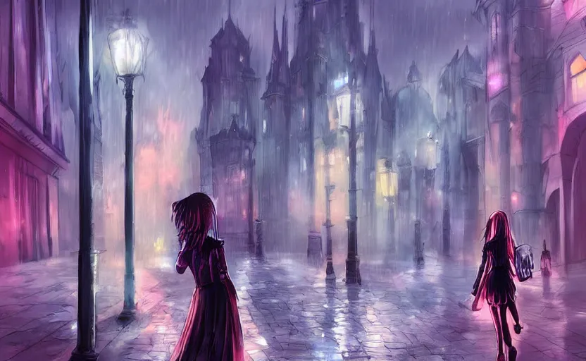 Prompt: A gothic girl is walking through a futuristic city street at night, it is rainig. Fantasy and concept art, colorful digital painting.