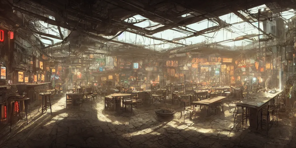 Prompt: Very Highly detailed realistic Digital concept interior design in style of Hiromasa Ogura and Josan Gonzalez of cyberpunk tavern with stone walls and neon lights, a lot of electronics, many details. Natural white sunlight from the transperient roof. Panorama on 360 degrees Rendered in VRAY and DaVinci Resolve and MAXWELL and LUMION 3D, Volumetric natural light