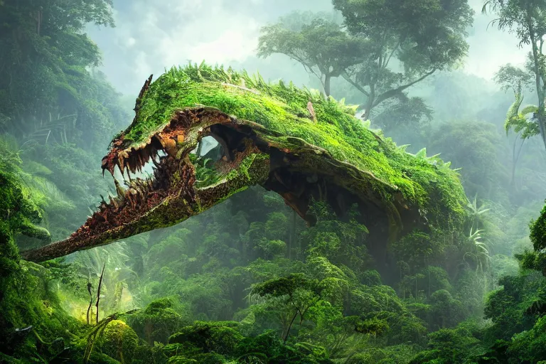 Prompt: a photo of a gigantic dragon skull overgrown by nature lying in a valley surrounded by a lush jungle, bird eye view shot, sunny, extremely high detail, 8 k, volumetric lightning, unreal engine, photorealism, hyperrealism