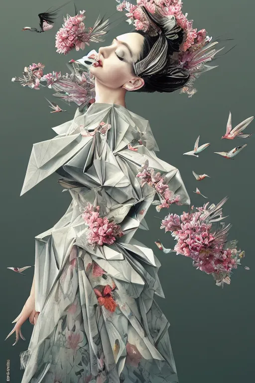 Image similar to full length fashion illustration of a beautiful girl wearing an origami dress, eye - level medium shot, fine floral ornaments in cloth and hair, hummingbirds, elegant, by eiko ishioka, givenchy, by peter mohrbacher, centered, fresh colors, origami, fashion, detailed, serene, dreamy, vogue, japanese, reallusion character creator