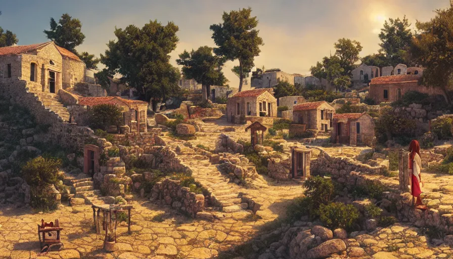 Image similar to very very small greek village, by ilya kuvshinov, rtx rendering, octane render 1 2 8 k, maya, extreme high intricate details by tom bagshaw, medium shot, close up shot, composition by sana takeda, lighting by greg rutkowski