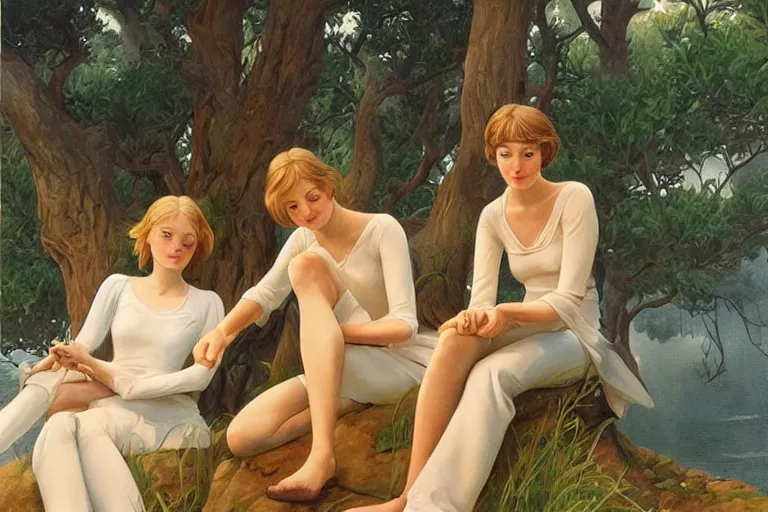 Prompt: beautiful painting of friends, beautiful faces, sitting on the edge, cute, soft light, digital painting by ralph mcquarrie and walter crane