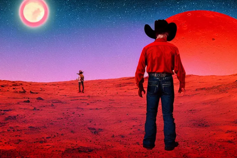 Prompt: old western cowboy with hand on hip on posing to camera on mars, distant background, red lighting, digital art, acrylic, colorful, ominous, moonlight, bokeh, depth of field, synthwave, psychedelic, glitch, acrylic, flooko, detailed, cybernetic, sci-fi, glows,