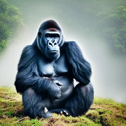 Image similar to a gorilla doing meditation in a mystical landscape, beautiful, misty