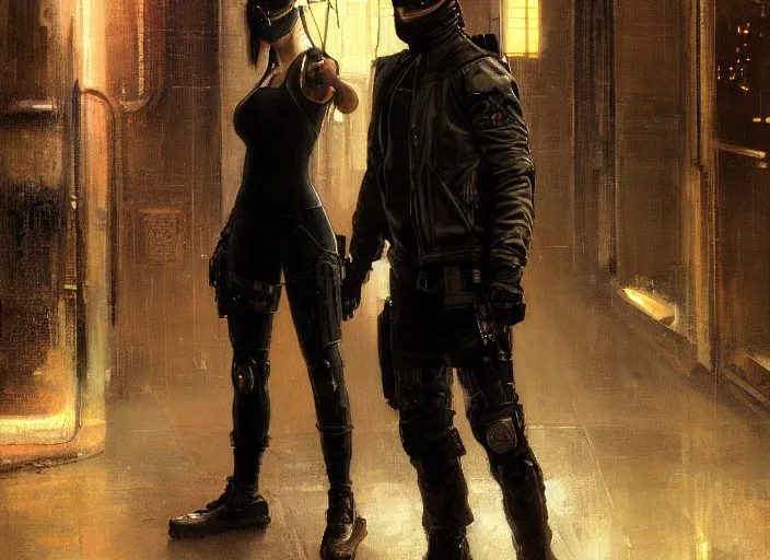 Prompt: Maria evades sgt Nash. Cyberpunk hacker wearing stealth suit hiding from police patrol (blade runner 2049, cyberpunk 2077). Dark industrial plant. Orientalist portrait by john william waterhouse and James Gurney and Theodore Ralli and Nasreddine Dinet, oil on canvas. Cinematic, hyper realism, realistic proportions, dramatic lighting, high detail 4k