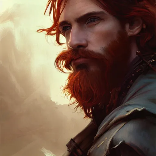 Image similar to portrait of a young pirate, 30 years old, male, rugged, masculine, handsome, upper body, red hair, long hair, D&D, fantasy, intricate, elegant, highly detailed, cinematic lighting, digital painting, artstation, concept art, cutscene, sharp focus, illustration, art by Artgerm and Greg Rutkowski and Alphonse Mucha