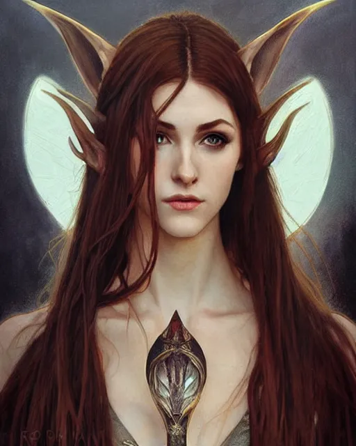 Image similar to portrait of katherine mcnamara elven mage, dark, piercing eyes, gentle expression, elegant clothing, photorealistic, highly detailed, artstation, smooth, sharp focus, art by michael whelan, artgerm, greg rutkowski and alphonse mucha