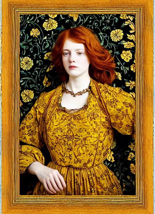 Image similar to preraphaelite portrait photography reclining on bed, framed, big brown fringe, yellow ochre ornate medieval dress, william morris, 4 k