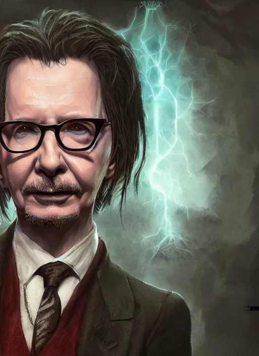 Image similar to A fantasy comic book style portrait painting of Gary Oldman as a wizard in dark castle setting, unreal 5, DAZ, hyperrealistic, octane render, RPG portrait, dynamic lighting