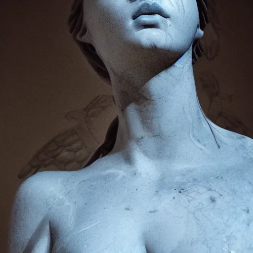 Image similar to artistic portrait of a female marble statue, art by alessio albi 8 k ultra realistic, crying, lament, wings, lens flare, atmosphere, glow, detailed, intricate, full of color, led lighting, trending on artstation, 4 k, hyperrealistic, 3 5 mm, focused, extreme details, unreal engine 5, masterpiece