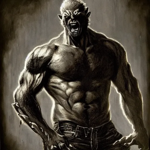 Image similar to werewolf lycanthrope grinning razorpunk vile reprobate jason statham ripped physique portrait Wolfman Wolfman Fenrir with tombow jonas de ro odd nerdrum greg rutkowski frank frazetta alexandre briclot Dave Dorman splatterpaint