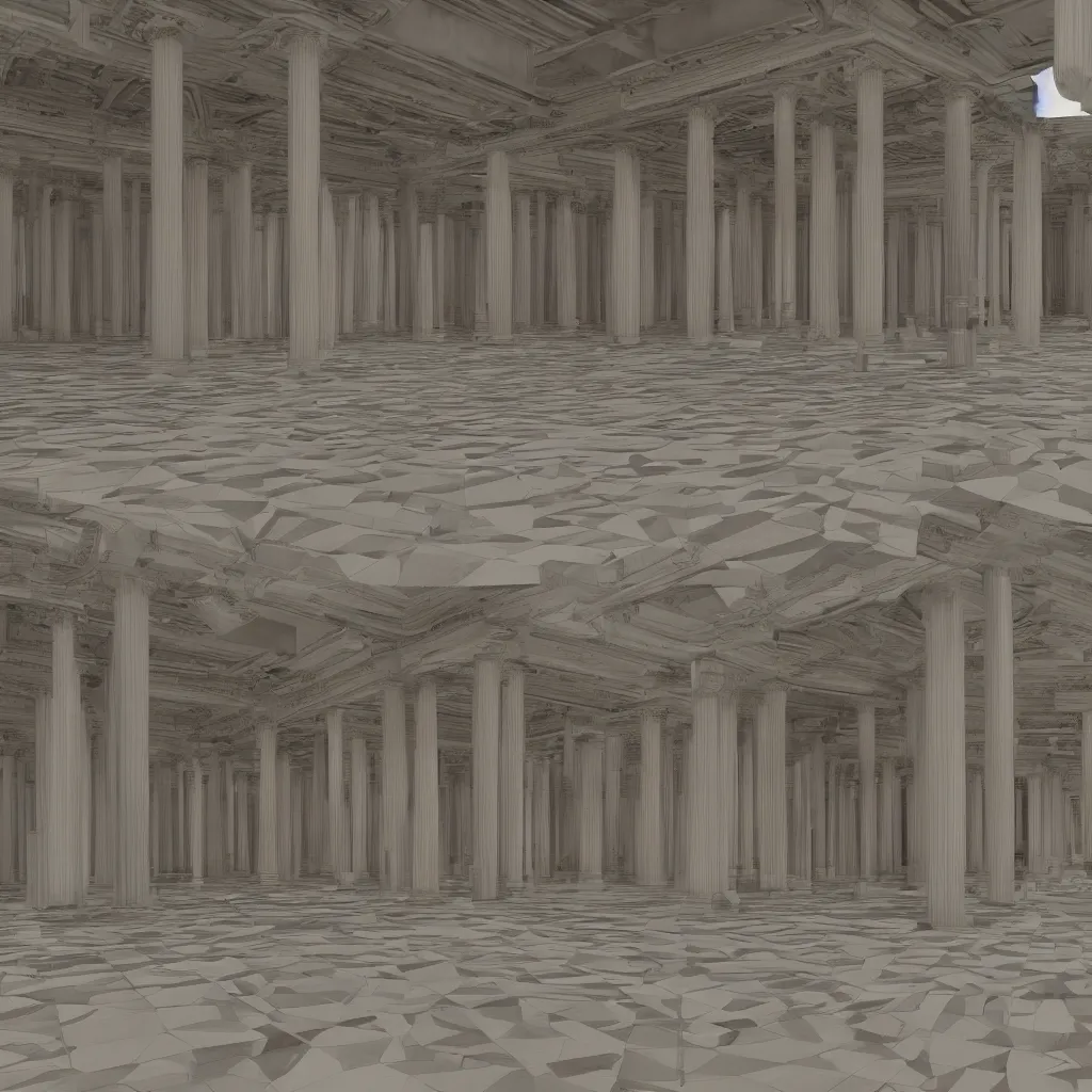 Prompt: a very large room with a lot of columns, a computer rendering by senior environment artist, polycount, deconstructivism, greeble, vray, vray tracing