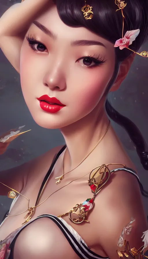 Image similar to a pin up and beautiful fashion and charming and dreamlke asian girl with lv jewelry, medium shot, art by artgerm & ross tran & wlop, hyperdetailed, 8 k realistic, symmetrical, frostbite 3 engine, cryengine, dof, trending on artstation, digital art