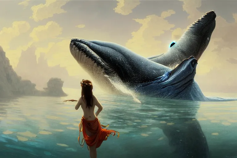 Image similar to painting of panorama view of under the water, wearing beautiful clothes, underwater world, hyper detailed cg rendering of a cute girl and whale, atmospheric lighting, perfect shadow, elegant, highly detailed, digital painting, artstation, concept art, smooth, sharp focus, illustration, art raphael lacoste, by artgerm and greg rutkowski and alphonse mucha, 8 k