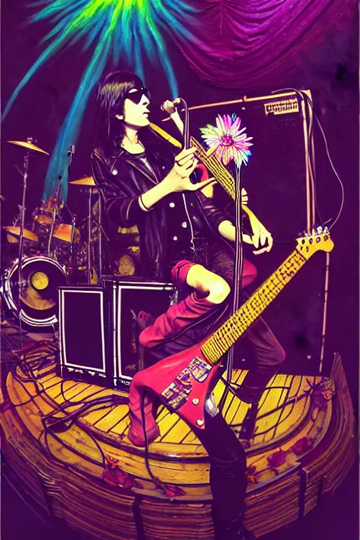 Prompt: the velvet underground and nico playing live on stage at a night club, beautiful stage decoration with flowers in the background, painting by bill watterson, very detailed and colorful and toned down and ornamental and moody and cool and relaxed and high on drugs, trending on artstation, behance contest winner