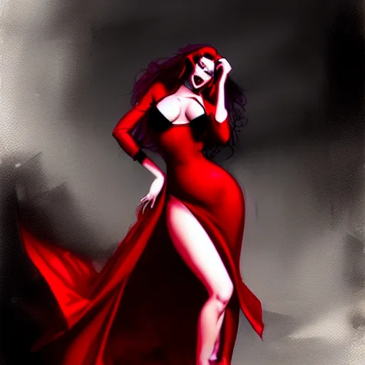 Image similar to dark street femme fatal noir jessica rabbit red dress, character portrait, sharp, digital matte painting, art by luis royo, greg rutkowski, wlop, dramatic lighting, trending on artstation