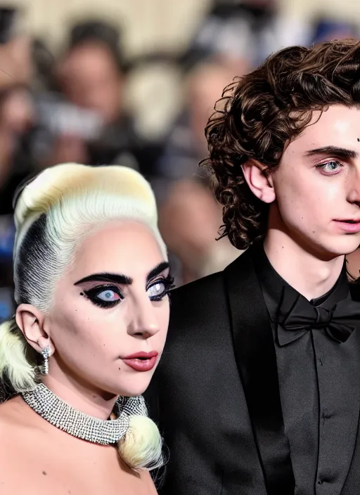 Image similar to timothee chalamet and lady gaga, canon, highly realistic. lady gaga, high resolution. highly detailed 8 k. 4 k.