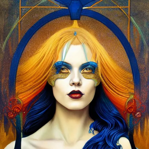 Image similar to a woman with blue and gold hair, an art deco painting by art of brom and karol bak and aurel bernath, featured on behance and cgsociety, fantasy art, gothic art, poster art, art deco, tarot card, pre - raphaelite