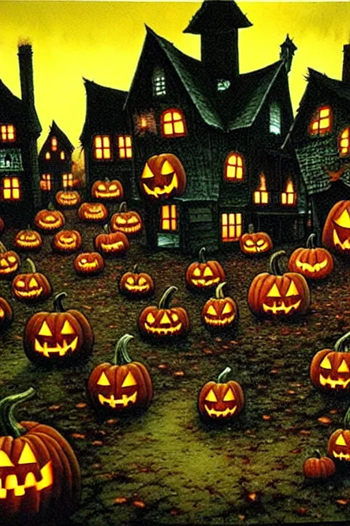 Prompt: a hyperrealistic painting of a haunted autumn night village with halloween decorations invasion, by chris cunningham and richard corben, highly detailed, vivid color,