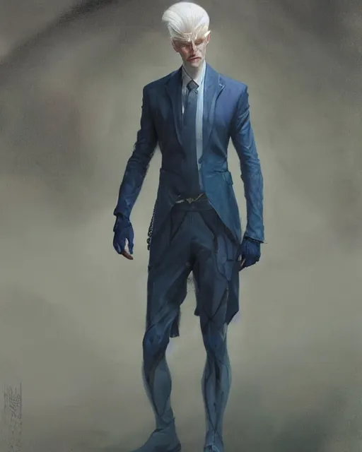 Image similar to character portrait of a slender half - elven man with white hair, piercing blue eyes, and pale bluish skin, by greg rutkowski, mark brookes, jim burns, tom bagshaw, trending on artstation