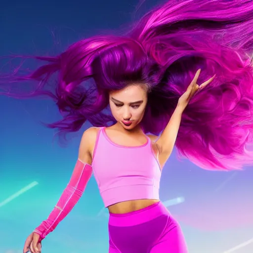 Image similar to a award winning full body shot of a beautiful woman in a croptop and gloves and leggings with a ombre purple pink teal hairstyle with head in motion and hair flying, outrun, vaporware, vivid colors, highly detailed, fine detail, intricate