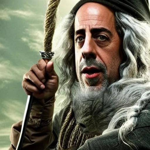 Image similar to jerry seinfeld as gandalf, cinematic, depth of field, helms deep battle