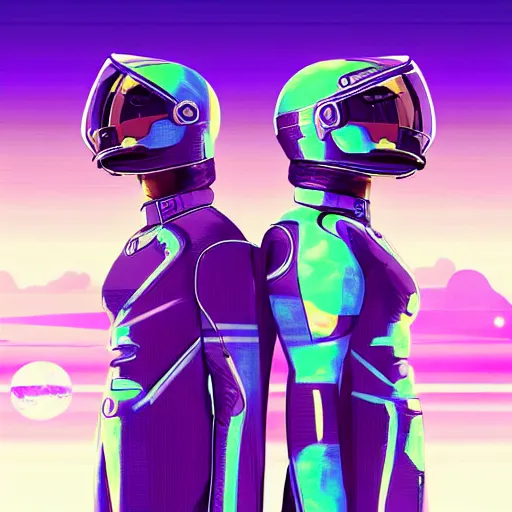 Prompt: “new cosmos frontiers, two people in futuristic spacesuits one of them pointing to the horizon, vaporwave style highly motivating, high details, top ArtStation”