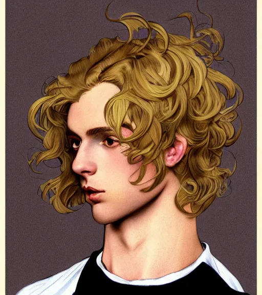 Image similar to clean cel shaded art of a pale androgynous blond young man Lucius, long fluffy curly blond hair, light platinum long blond hair, wearing a black turtleneck sweater, Alexandre Cabanel, norman rockwell, peter paul rubens, maler collier, frank frazetta, alphonse mucha, gustav klimt 4k, unreal 5, DAZ, french noveau, trending on artstation, octane render, hyperrealistic