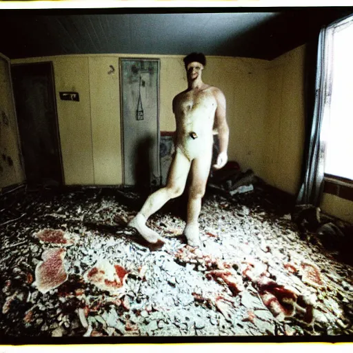 Image similar to 1 9 9 3, disposable camera, flash, old abandoned house, mutant flesh creature standing, meat, flesh, veins