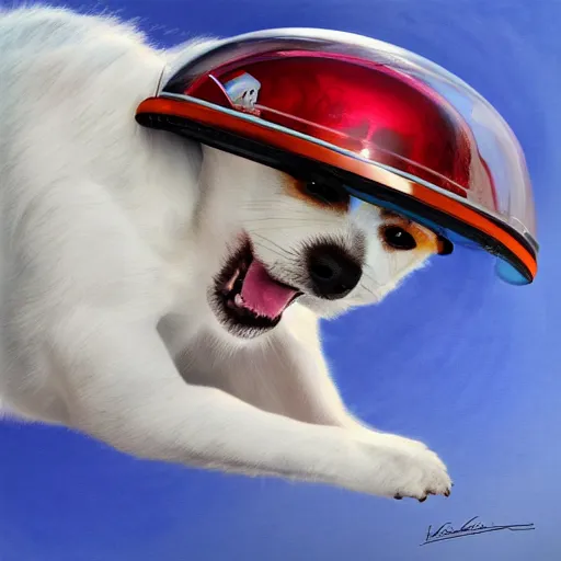 Prompt: absolutely white jack russell terrier broken, flying in space in a helmet, photorealism, digital painting, super quality, 4 k
