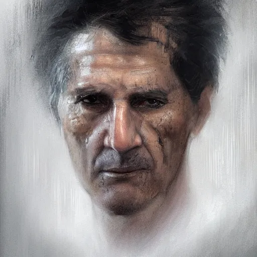 Prompt: Portrait of a man by Greg Rutkowski, he is about 60 years old, short black hair with bangs, his features are a mix between French, Turkish and Russian, expression of contempt, sorrow and resignation, he is wearing a futuristic tactical gear, highly detailed portrait, digital painting, artstation, concept art, smooth, sharp foccus ilustration, Artstation HQ.