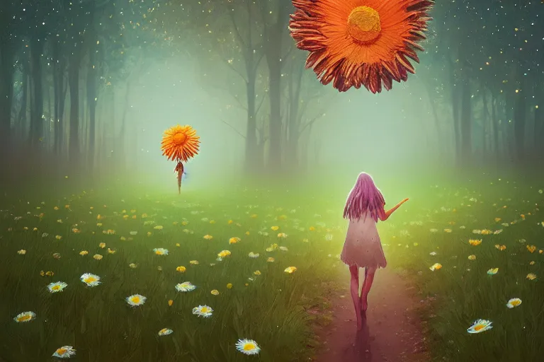 Image similar to giant daisy flower on the head, girl walking in forest, surreal photography, dark night, stars, moon light, impressionist painting, clouds, digital painting, artstation, simon stalenhag