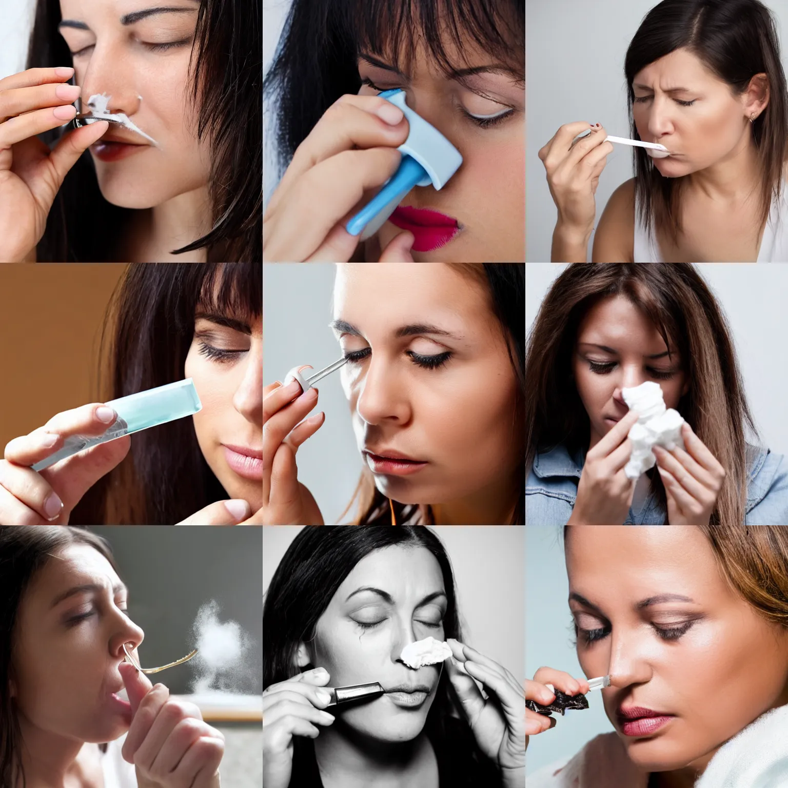 Prompt: woman smelling cocaine off a tiny metal spoon, photo